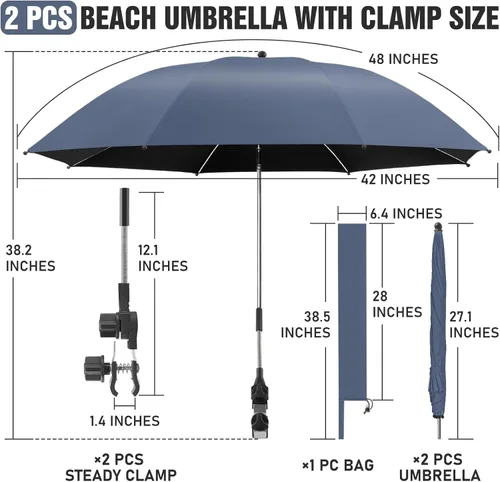 Miniatura 4 de Paquete de 2 paraguas de playa con abrazadera, paraguas ajustable de 360° para silla, paraguas UPF50+ para silla de playa, silla de patio, silla