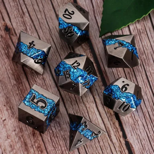 Miniatura 2 de Dados poliédricos DND de metal, juego de dados metálicos con purpurina a rayas grandes, juego de 7 dados plateados antiguos para juegos de rol