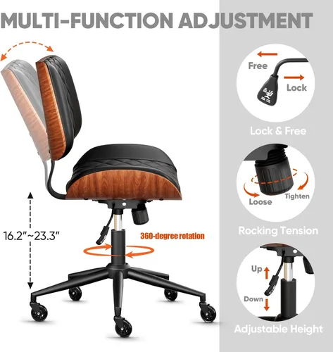 Miniatura 6 de Silla de escritorio de oficina en casa con ruedas giratorias, moderna silla de oficina sin brazos de piel sintética, pequeña silla de computadora
