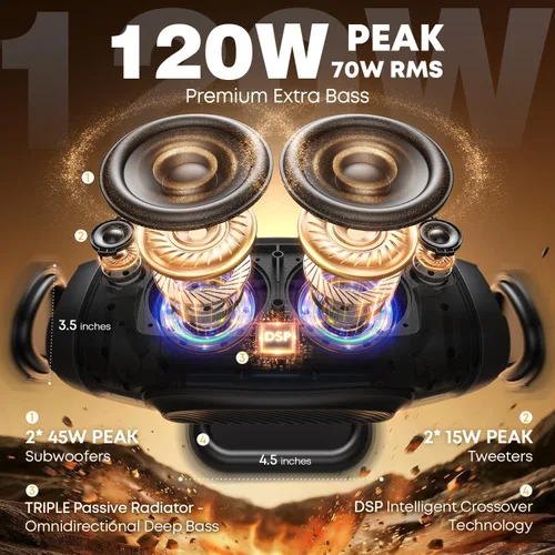 Miniatura 11 de W-KING Altavoz Bluetooth Potente, Altavoces Portátiles Bluetooth Inalámbricos de 120W Máximo, IPX6 Impermeable Altavoz Grande para Fiestas al Aire