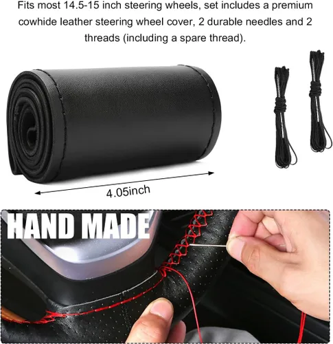 Miniatura 2 de Funda de Volante de Cuero Genuino, Envoltura con Costura para Volante de hasta Diámetro 15 Pulgadas, Protector de Volante de Costura DIY, Accesorios