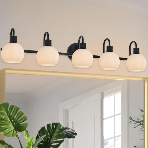 Miniatura 6 de Accesorios de iluminación de tocador de baño negros de 5 luces sobre espejo, iluminación moderna de pared con apliques de vidrio esmerilado