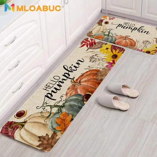 Miniatura 5 de Juego de 2 Tapetes de Cocina Hello Fall, Alfombra de Cocina de Calabaza de Acción de Gracias, Alfombra de Piso Decorativa Creativa de Vacaciones