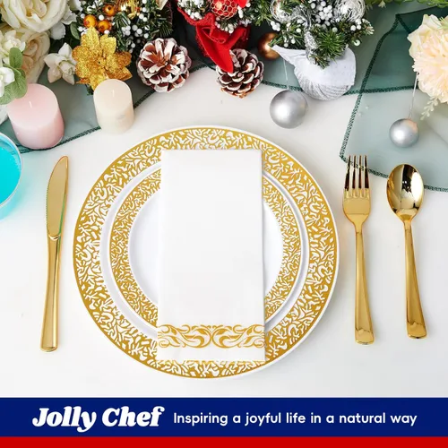 Miniatura 5 de Vajilla de plástico dorado de 210 unidades, platos desechables dorados, incluye: 30 platos de cena y 30 platos de postre, 30 tazas, 30 servilletas