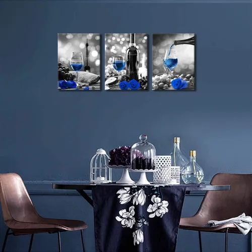 Miniatura 6 de Obras de arte de rosas de vino para paredes del hogar, blanco y negro con pintura de vino azul, decoración de comedor, cuadros de cocina azules