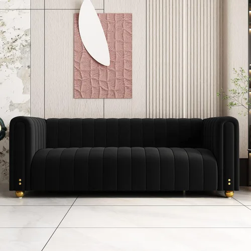 Sofá capitonado Chesterfield de terciopelo tapizado de 81 pulgadas de ancho, 3 plazas, cómodo sofá para sala de estar, dormitorio, oficina, Negro