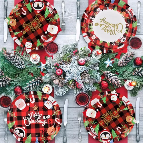Miniatura 3 de Suministros de fiesta de Navidad Gatherfun Rojo y Negro Gingham con Papá Noel Muñeco de Nieve Platos de Papel Desechables para Cena y Postre