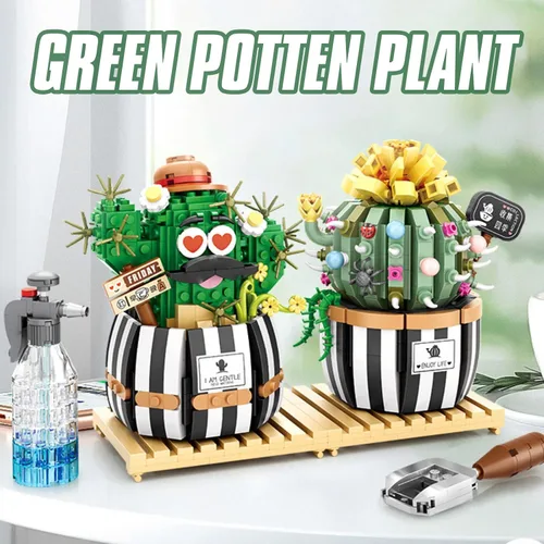 Miniatura 2 de MEIEST Juego de bloques de construcción de bonsái de cactus bulbosos, decoración creativa única para el hogar, ramo de flores artificiales