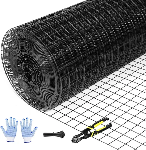 Tongmo Tela Metálica Negra de 48" x 50', Malla de 1 pulgada para Cerca de Gallinero, Red para Aves de Alambre Recubierto de Vinilo Calibre 19 y