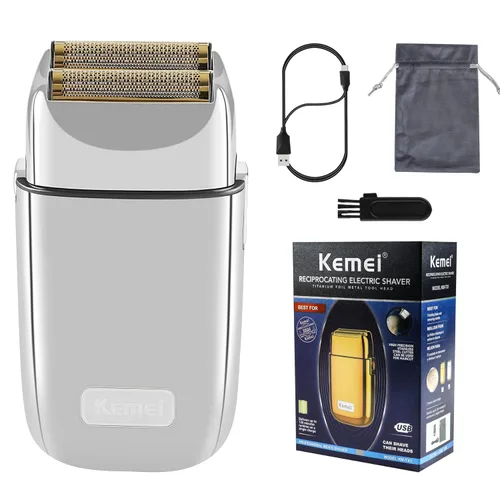 Miniatura 8 de Kemei Afeitadora eléctrica doble de metal inalámbrica para hombres, afeitadoras eléctricas de cierre, tipo C recargable para afeitado en húmedo