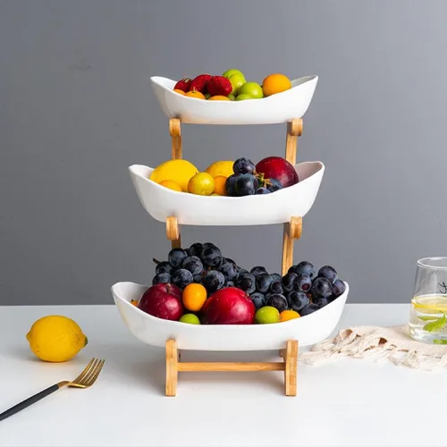 Miniatura 5 de jessie Cesta de frutas de 3 niveles, soporte de cerámica de gran capacidad, bandeja de bambú para servir frutas, aperitivos, nueces, pan, dulces