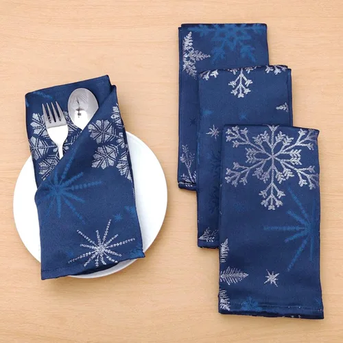 Miniatura 9 de Camino de mesa tejido jacquard metálico con copos de nieve azul navideño (corredor de 14" x 72")