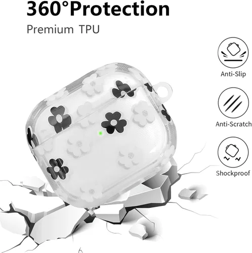 Miniatura 3 de Funda compatible con AirPods 3 2021, TPU suave con bonito patrón de flores para AirPods de 3ª generación con llavero de flores y mosquetón para Negro