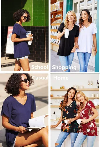Miniatura 4 de CATHY - Camisetas informales de verano 2022 para mujer camisetas de manga corta con cuello en V y pétalos blusa holgada y cómoda ligera y bonita