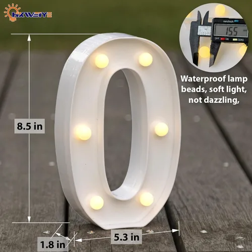 Miniatura 2 de HXWEIYE - Número luminoso 0 con luces LED, diseño de marquesina con 26 letras del alfabeto y 10 números, funciona con baterías, luz cálida blanca