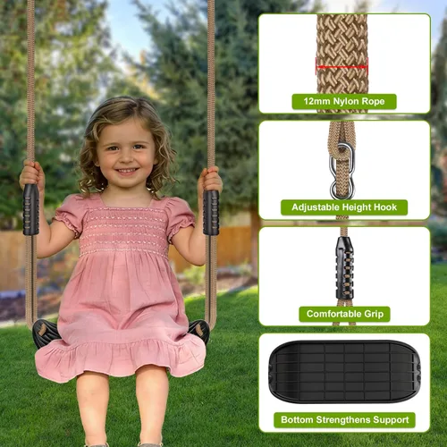 Miniatura 7 de BeneLabel Asiento de columpio resistente con cuerda ajustable, asientos de columpio de plástico para niños, asiento de columpio negro de repuesto