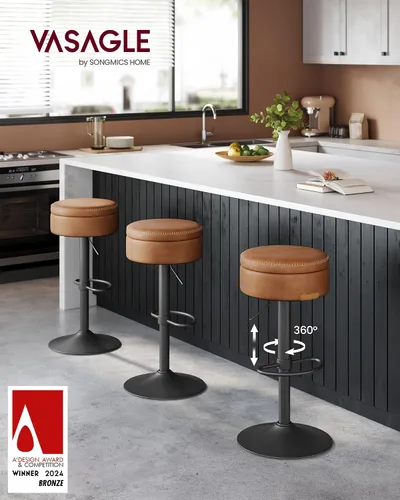 Miniatura 3 de VASAGLE Colección EKHO - Juego de 2 taburetes de bar giratorios 360°, taburetes de bar ajustables en altura con almacenamiento, cuero sintético