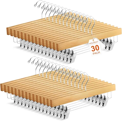 Miniatura 8 de Sieral Paquete de 30 perchas de madera para pantalones con clips de madera maciza, faldas de madera maciza con 2 clips ajustables, gancho giratorio