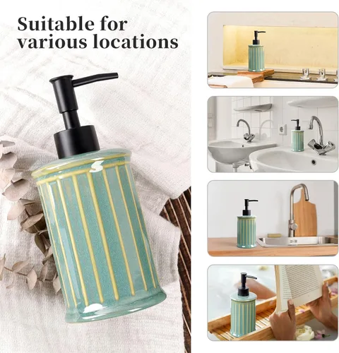 Miniatura 5 de Dispensador de jabón, dispensador de jabón líquido de cerámica 11.84OZ, dispensador de loción de manos para cocina, baño, ducha, recargable, verde