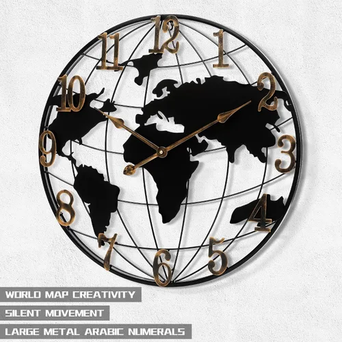 Miniatura 3 de Maxstar Reloj de pared grande con mapa del mundo, minimalista de metal, moderno, redondo, silencioso, sin tictac, funciona con pilas, para sala