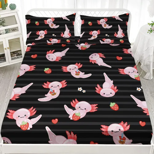 Miniatura 2 de HOSIMA Juego de ropa de cama de 3 piezas para niños, color negro, tamaño individual, sábana bajera ajustable de ajolote de dibujos animados, vida