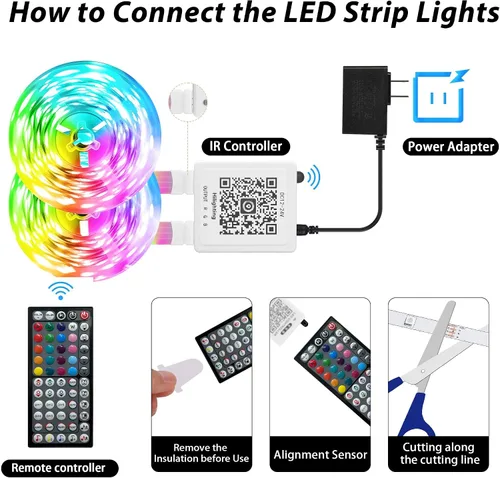 Miniatura 4 de GANZQH Luces LED para dormitorio de 200 pies (2 x 100 pies), tira de luces LED RGB que cambian de color con sincronización de música, control remoto