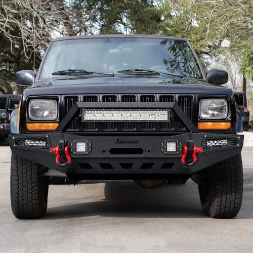 Miniatura 4 de Parachoques delantero para Cherokee XJ, AAIWA parachoques de acero con barra de luz LED y soporte de placa de cabrestante compatible con Cherokee XJ