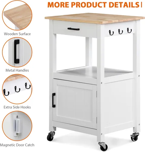 Miniatura 3 de ZENY Carrito de isla de cocina rodante con armario de almacenamiento y estante, carrito de cocina con cajón sobre ruedas, barra de café pequeña