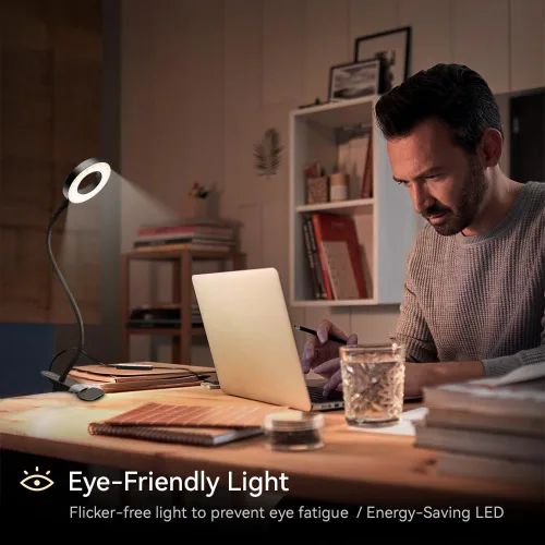 Miniatura 7 de Lámpara LED de escritorio con clip con 3 modos de color, 10 anillos de brillo/luz de abrazadera, cuello ajustable de 360°, regulable, protección