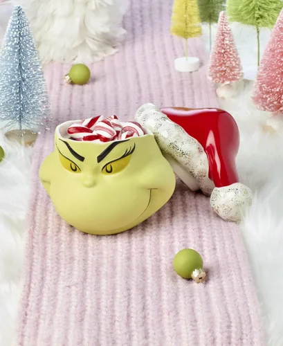Miniatura 4 de Lenox 896338 Tarro de dulces cubierto con texto en inglés "Merry Grinchmas", decoración navideña y festiva