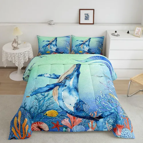 Miniatura 19 de Juego de edredón de ballena individual, juegos de ropa de cama retro con temática náutica para decoración de dormitorio, edredón de plumón de vida