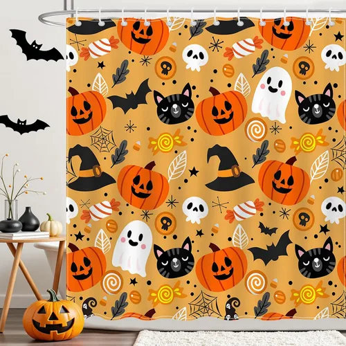 Mocsicka Bonita cortina de ducha de Halloween de 72 x 72 pulgadas, cortina de ducha naranja de dibujos animados de gato y fantasma, cortina de ducha