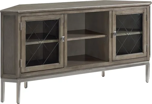 Miniatura 18 de Leick Home 80385 Soporte de TV de esquina de tres puertas de vidrio con plomo con almacenamiento cerrado para televisores de 50 pulgadas, roble