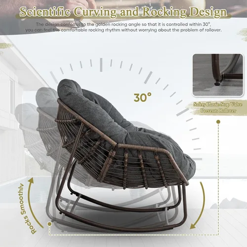 Miniatura 2 de Antetek Silla mecedora para patio al aire libre, cómoda silla de mimbre con cojín acolchado, mecedora de gran tamaño para interiores y exteriores