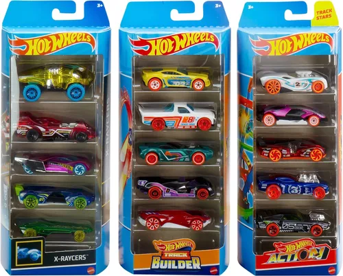 Miniatura 7 de Coches y Camiones de Juguete Hot Wheels, Juego de Pista con 15 Piezas, 3 Paquetes Temáticos Diferentes de 5 Vehículos a Escala 1:64