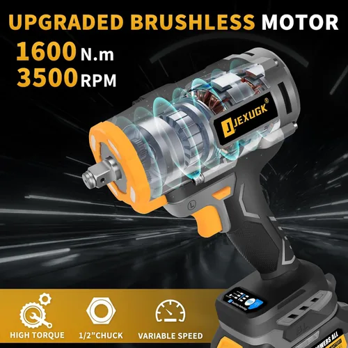 Miniatura 3 de JEXUGK Llave de impacto inalámbrica de 1600 Nm, pistola de impacto de 21 V 1/2 pulgada y 1180 pies-libras con 2 baterías de 4.0 Ah, Pistola De