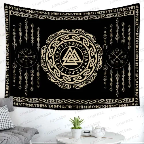 Miniatura 4 de F-FUN SOUL - Tapiz nórdico de vikings, tamaño grande 152 cm x 102 cm de franela suave, tapiz valknut vikingo con runas celtas, estética mitológica