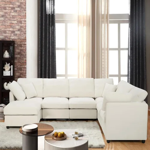 Miniatura 3 de Sofá modular de 117 pulgadas, sofá modular de felpilla en forma de U con otomana móvil, moderno sofá modular de 7 asientos para sala de estar, Beige