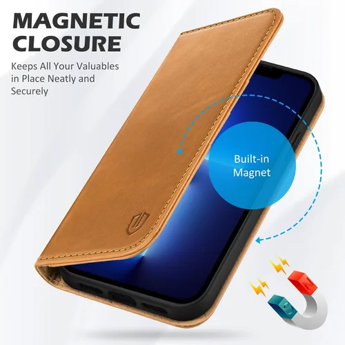 Miniatura 4 de SHIELDON Funda para iPhone 13 Mini 5G, cartera de piel auténtica, cierre magnético, ranuras para tarjetas, función atril, protección completa, Marrón