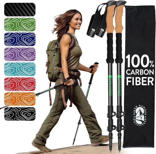 100% Carbon Fiber Trekking Poles by USA Brand - Ultra Strong Lightweight Collapsible Hiking Poles with Cork and EVA Foam Grips & Quick Adjustable