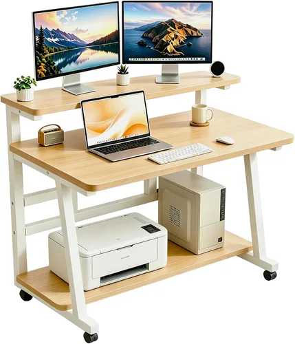 Miniatura 9 de Escritorio compacto de 31.5 pulgadas para computadora con mesa de trabajo de niveles y ruedas con bloqueo, escritorio pequeño para dormitorio