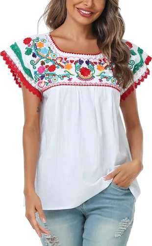 Miniatura 2 de YZXDORWJ Blusa tradicional colorida con encaje bordado mexicano para mujer, camiseta tricolor para el día de la independencia mexicana