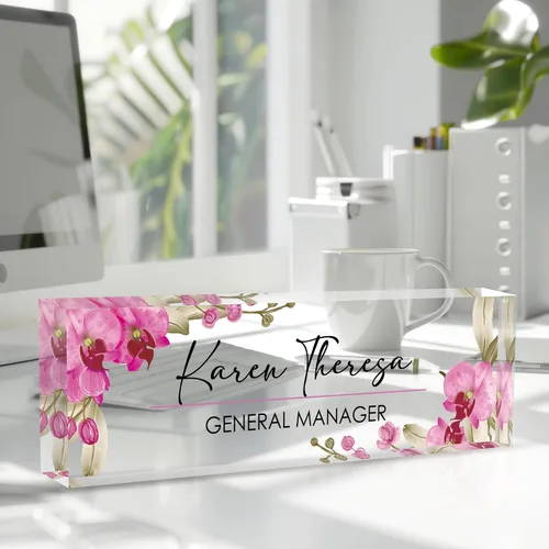 Miniatura 2 de Placa de identificación personalizada para escritorio - Accesorio de acrílico (Orquídea mariposa rosa)