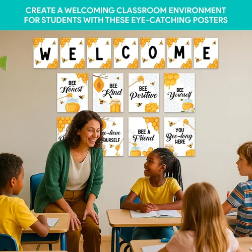 Miniatura 8 de Decorably 15 carteles de bienvenida con temática de abejas para aulas, escuela primaria, secundaria, inspirador, laminado mate con diseño vibrante