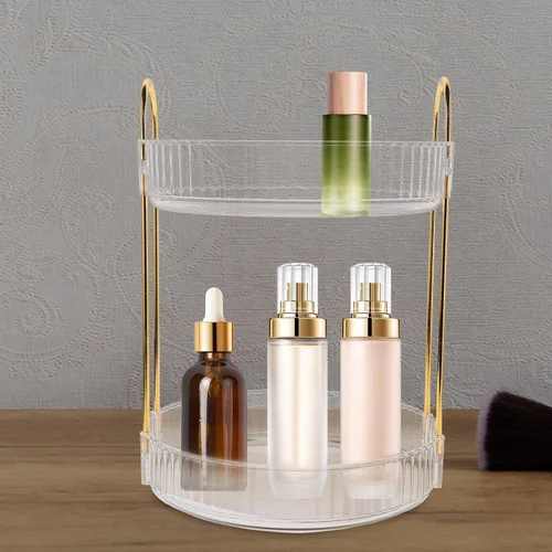 Miniatura 5 de Hemobllo Organizador de maquillaje giratorio con rotación transparente caja de almacenamiento de cosméticos estantes ajustables para tocador y baño