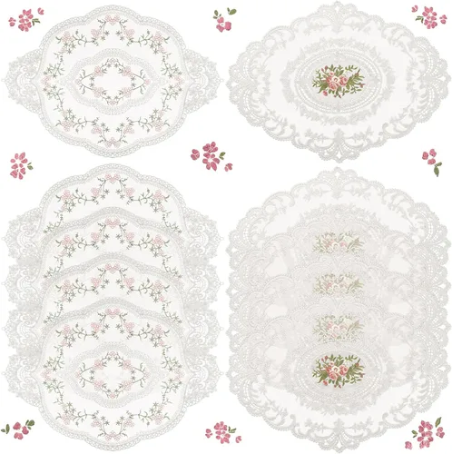 Miniatura 7 de Mixweer 10 manteles individuales de encaje beige ovalados bordados para mesa, manteles individuales retro franceses de ganchillo para boda, fiesta
