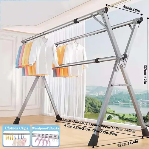 Miniatura 7 de Heavy Duty Stainless Steel Clothes Drying Rack - Adjustable Length Garment Rack for Indoor/Outdoor Use, Foldable with Windproof Hooks, 63In -(One