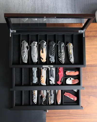 Miniatura 7 de Estuche Expositor de Cuchillo de Bolsillo para Hombre, Soporte de Colección de Cuchillos Plegables de 22-26 Pulgadas con Acabado Ébano, Organizador