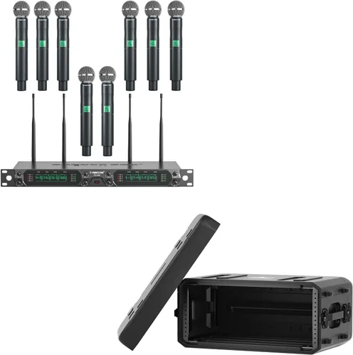 Phenyx Pro Juego de micrófono inalámbrico de 8 canales PTU-4000-8H incluido con estuche de rack poco profundo 4U PRCSE-4U