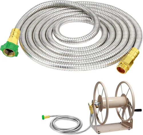Miniatura 10 de Manguera de jardín corta con conector macho a hembra, manguera líder de metal a prueba de fugas de 2 pies para carrete, tubo de agua flexible